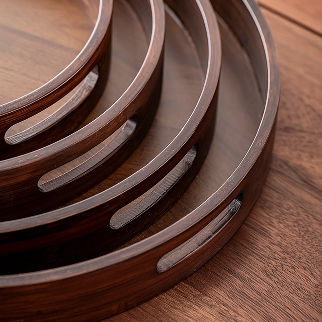 木製 ラウンドトレイ ︱ おぼん ウォールナット調 持ち手付き お盆 大型 直径35.5cm 深型 ディスプレイトレイ キッチントレイ インテリア雑貨