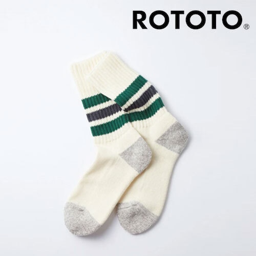ROTOTO ロトト コースリブ オールドスクール クルーソックス COARSE RIBBED OLDSCHOOL CREW SOCKS R1255 メンズ レディース 靴下 日本製 ラインソックス Green/Charcoal