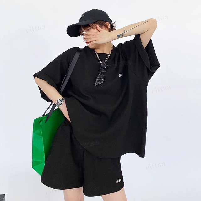 【返品不可】★訳ありアウトレット商品★D-1170　2026夏新作♡【上下セット】Oisis刺繍ワッフル半袖セットアップ　ブラック