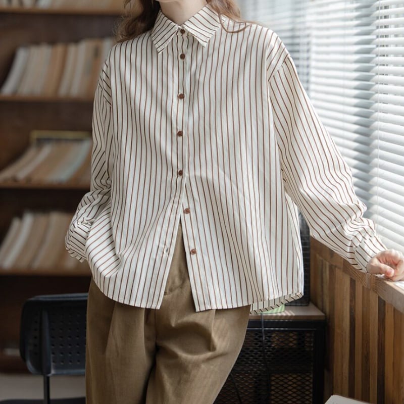 フレンチカジュアルストライプ柄シャツM2246