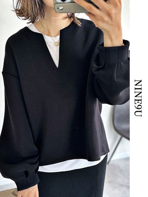v-neck balloon-sleeve ovresize tops 2color【NINE-T0120】