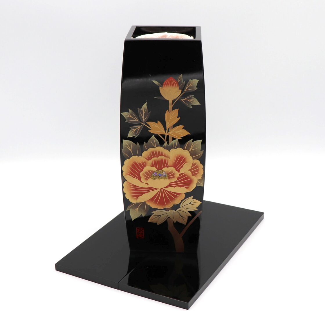 会津漆器・松庵・黒塗花器・花瓶・花生・台座付・No.201103-49・梱包 