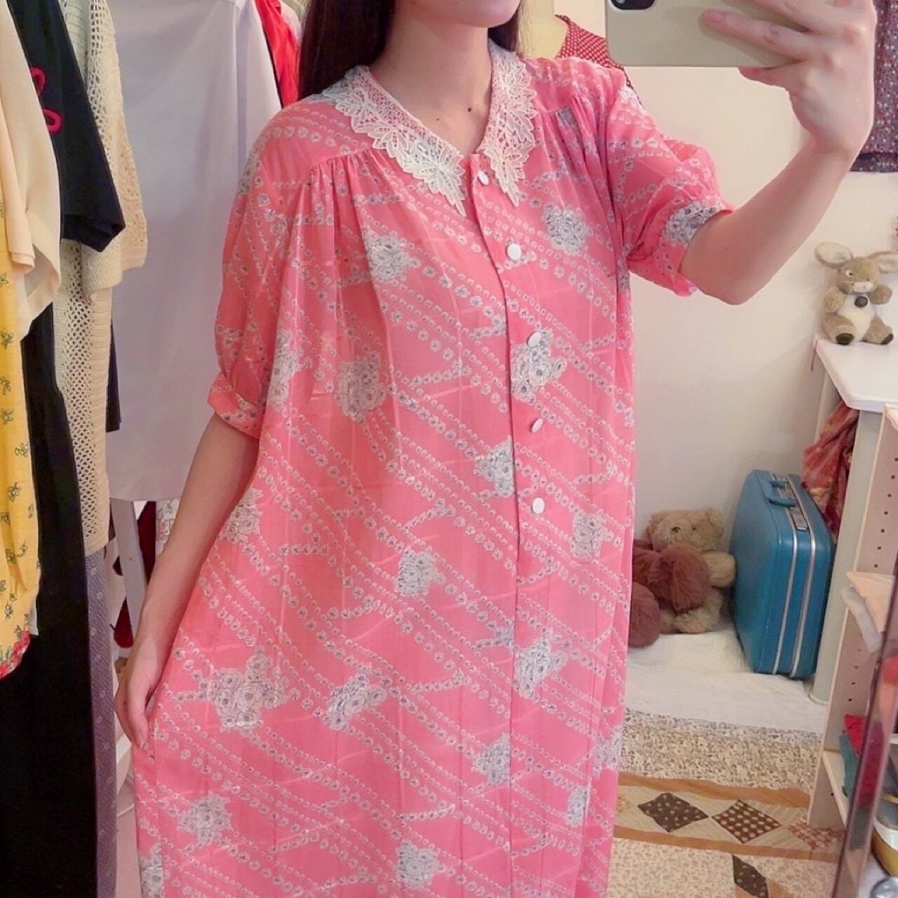 lace collar vivid pink one-piece