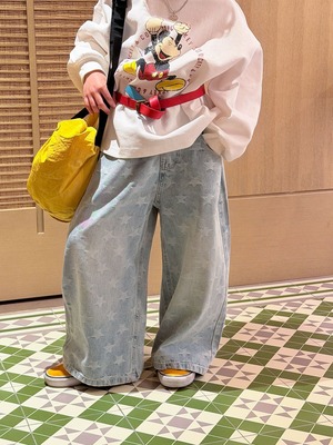 スター柄ダメージデニムパンツ（ウォッシュブルー）XDJK 2026春｜90-150cm｜ボトムス｜ジーンズ｜裾クラッシュ ［取寄］