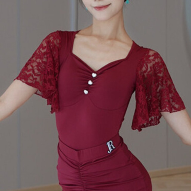 フレアスリーブ 　レース ダンストップス　(レオタードタイプ）  ds1438