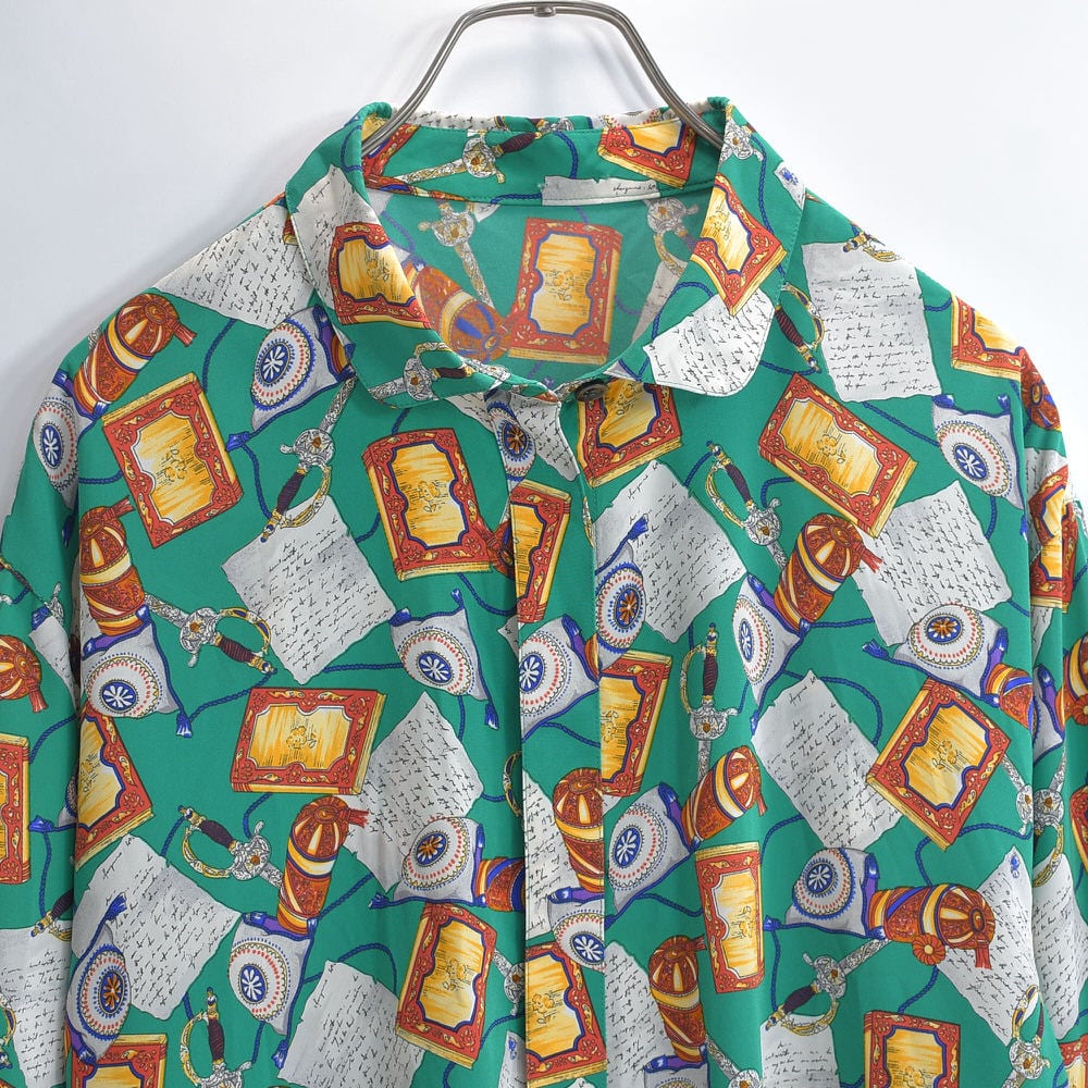 90s 総柄ブラウス 丸襟 昭和レトロ 古着女子 テロテロシャツ あいみょん ART VINTAGE - 90s 総柄 ペイズリー柄 開襟 ポリシャツ テロテロシャツ
