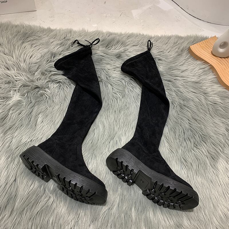 ロング薄手ストレッチブーツウィンタースタイルスウェードブラックスリーブ 靴 シューズ エラスティック 伸縮 冬物 フェイクシューズ29783286202