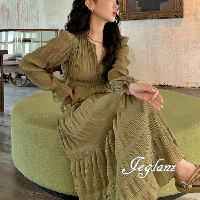 2色 ロング丈 ティアード ワンピース エンボス加工 肌透け フェミニン( M4496)γα