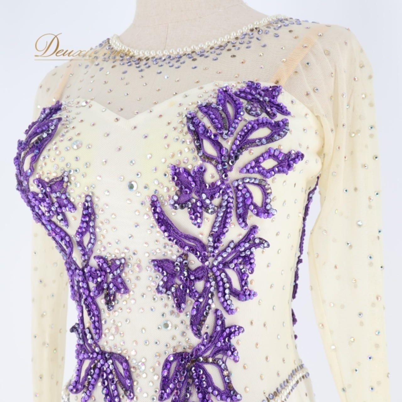 社交ダンス 衣装 スタンダードドレス ドレス ワンピース スタンダード 白 紫 フロート レース デモ 競技 ダンス パーティ 発表会 綺麗 ホワイト系 パープル系 スカート ふんわり ダンス用 おしゃれ 大人女性 競技用 発表会 美しい レディース 服装 コスチューム