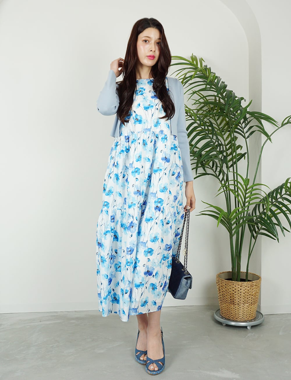 フラワーコットンティアードワンピース blue×white | amin pur