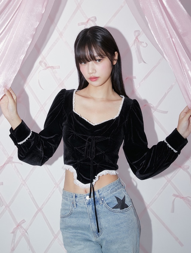 [MARGARIN FINGERS] VELVET CORSET BLOUSE (BLACK) 正規品  韓国 ブランド 韓国ファッション 韓国代行 マーガリンフィンガーズ 日本 店舗