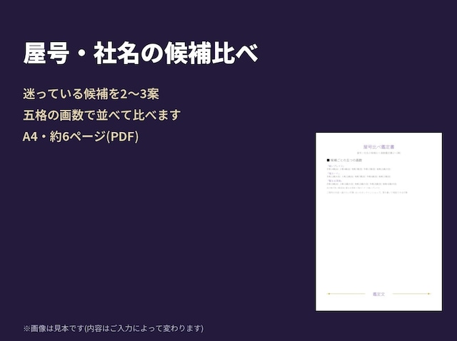 屋号・社名の候補比べ 画数鑑定書(2〜3案)