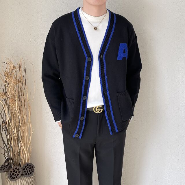 【予約販売】カーディガン ニット メンズ アウター 無地 カレッジ風 ブラック ホワイト ライン カジュアル シック 総柄 男前 こなれ感 お洒落 韓国 トレンド 秋 冬 M/L/XL/2XL/3XL