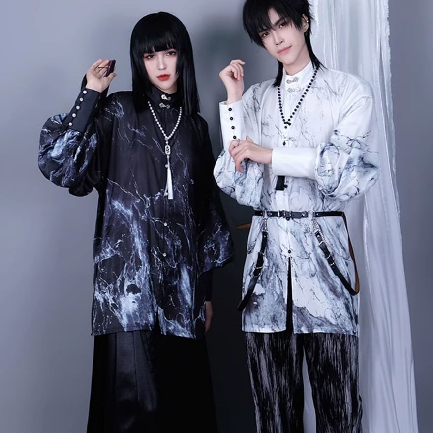 中華 モード 墨 絵 風 ユニセックス シャツ|マーブル 柄 チャイナ カラー ブラック ホワイト 蒼宝儿屋