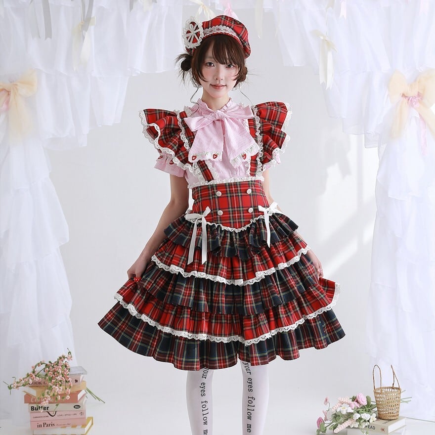 ロリータファッション アイドル衣装 赤×紺チェック段フリル