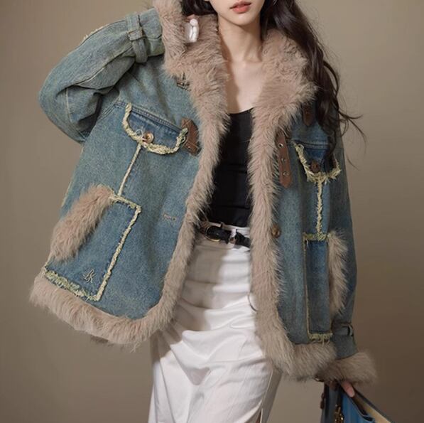 【outer】ファー裹起毛デニムジャケット M19565