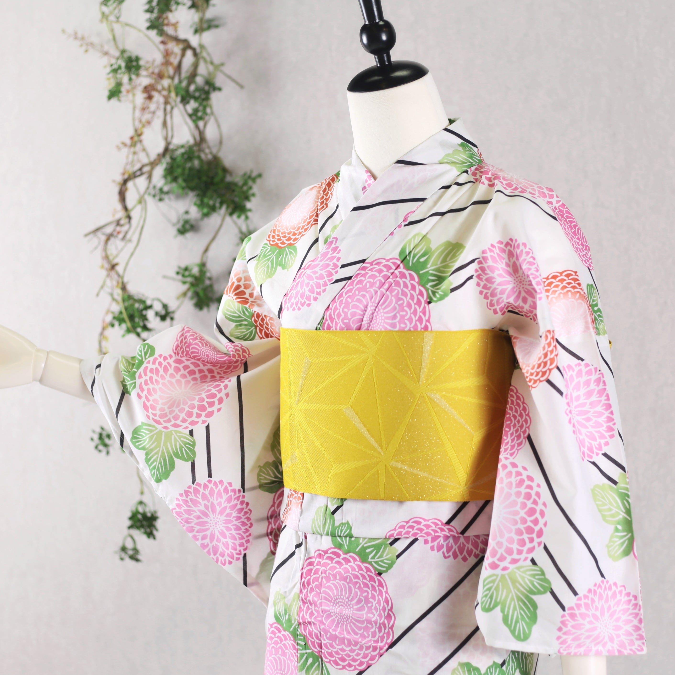 ゆらゆらりー お着物 半衿セット 浴衣 2点セット 浴衣セット 白 ピンク 菊 キュート 半幅帯