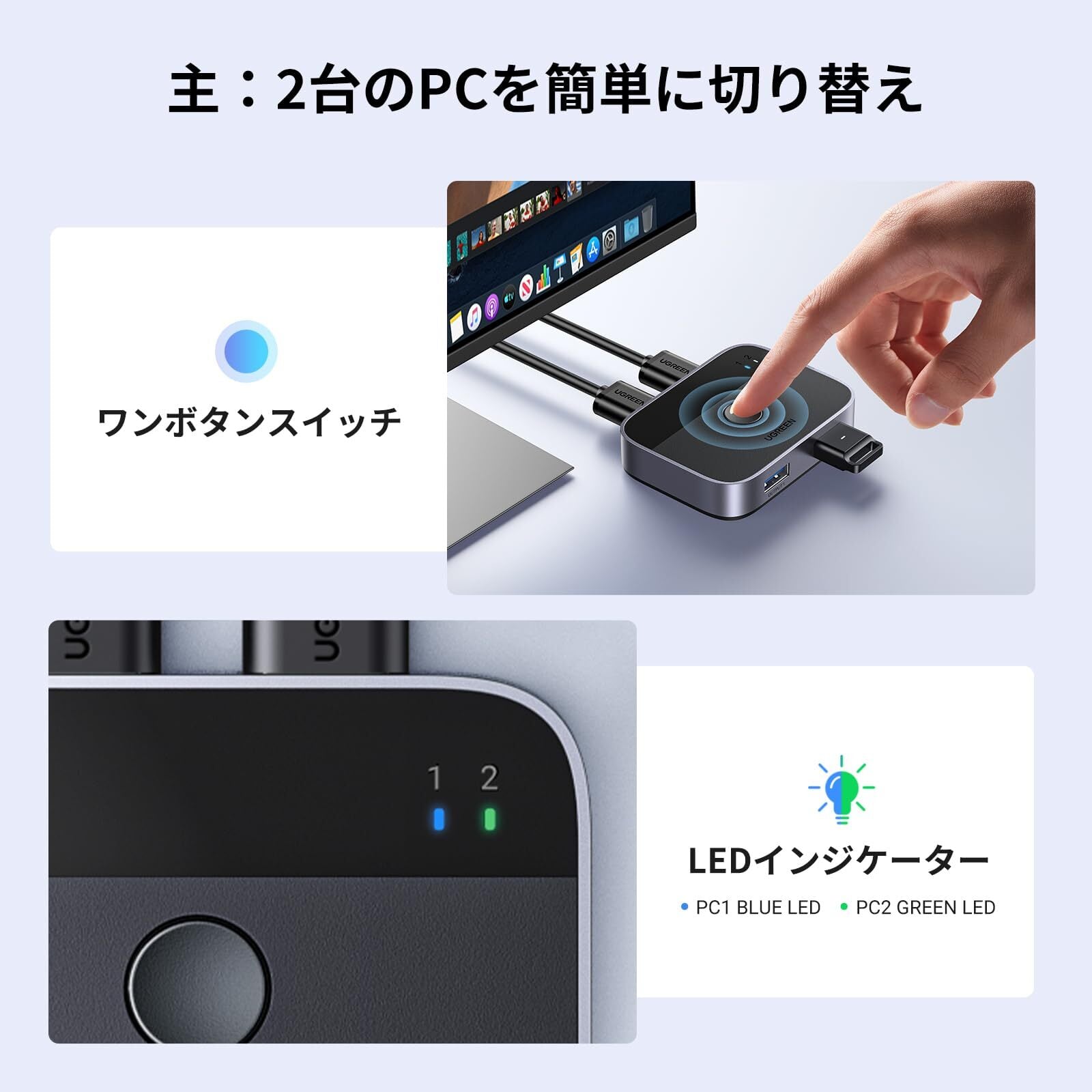 UGREEN USB3.0切替器 2入力2出力 USB切替機 2PCでキーボード/マウス
