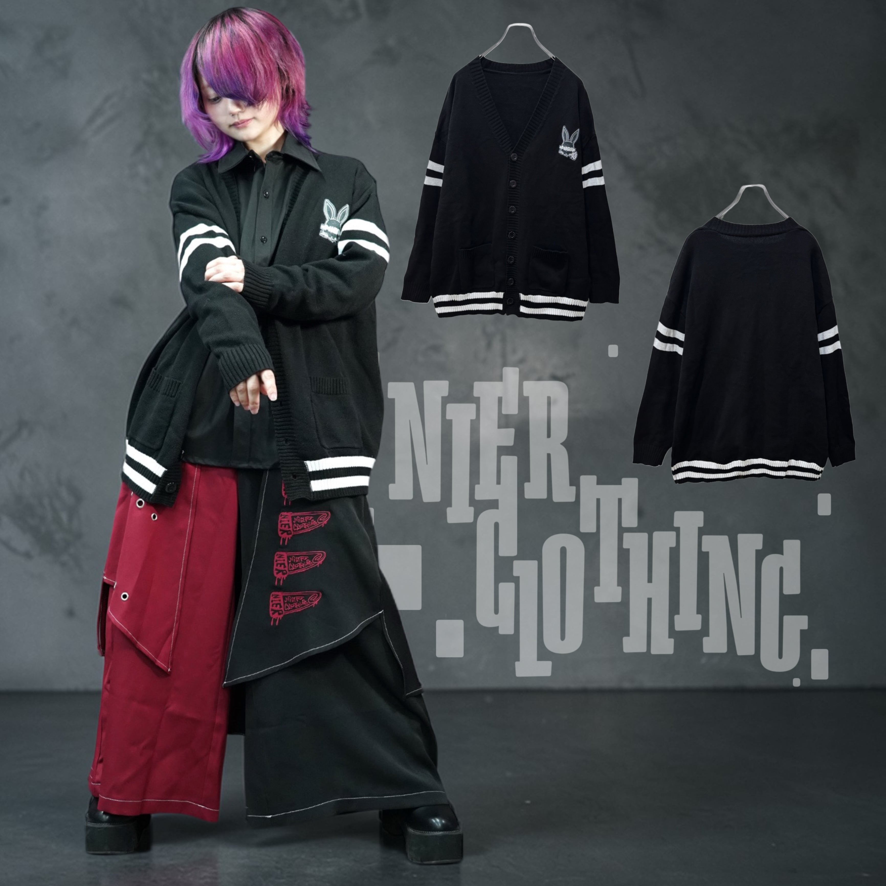 NieR clothing ロングラビットイヤーズシャギーニットカーディガン BLACK KNIT CARDIGAN 【RABBIT LOGO刺繍入り】 | NIER CLOTHING