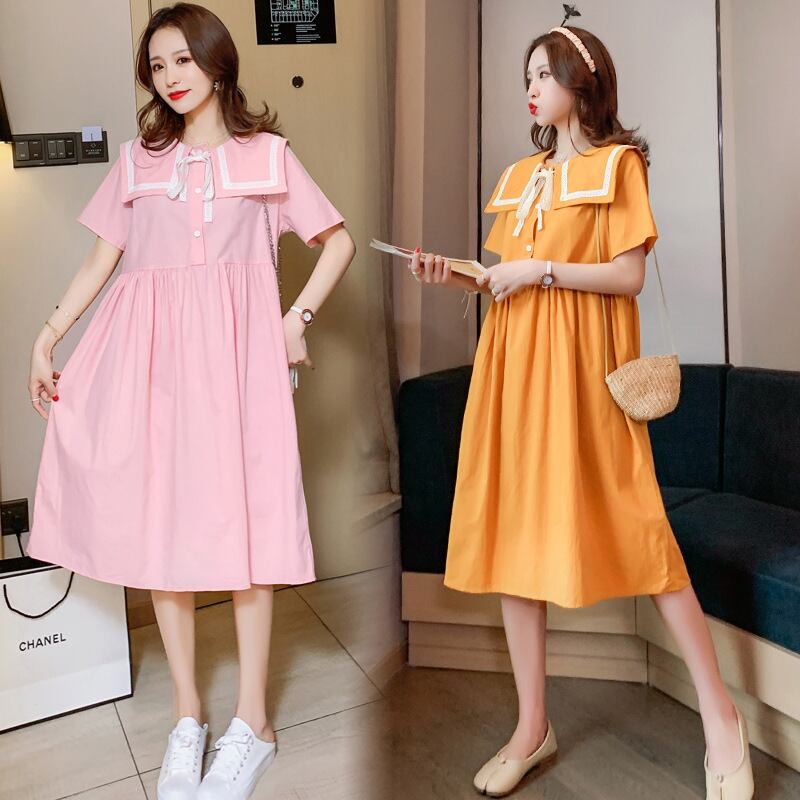 【新作】【送料無料】 マタニティウェア2020夏の新しいコットンとリネンのネイビーカラーのトレンディなマタニティドレス、年齢を減らすミドル丈のルーズマタニティドレス-アリババ サマー 夏物 expec276121224100