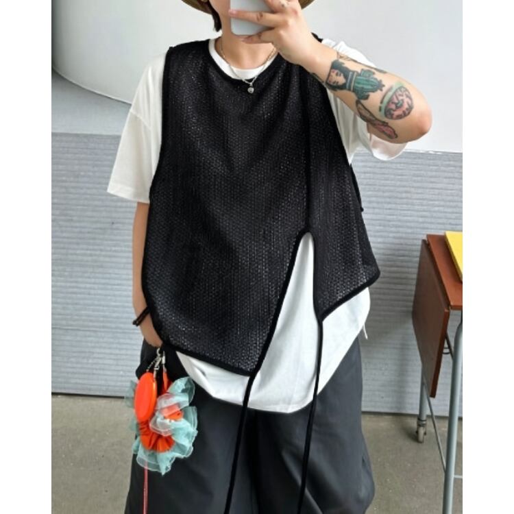 レイヤード風 メッシュベスト付き 半袖Tシャツセットアップ ◆2col L60064