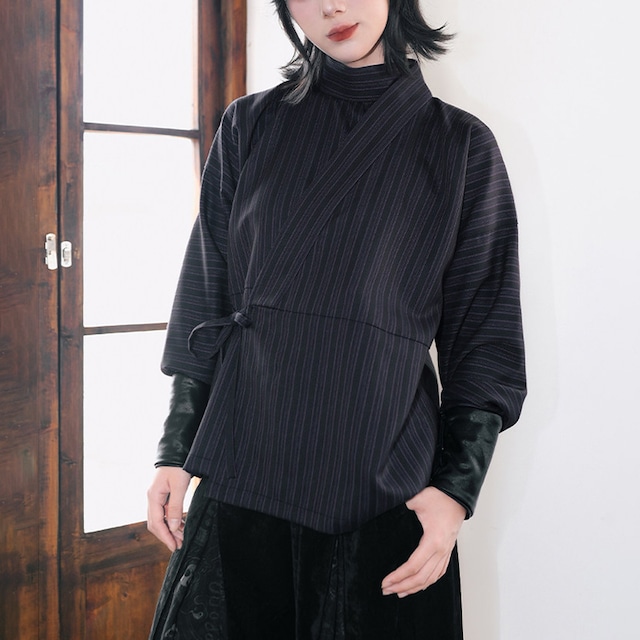 【古怪舍---渡鴉シリーズ】★チャイナ風トップス★ 漢服トップス 長袖 レディース 縦縞 縞模様