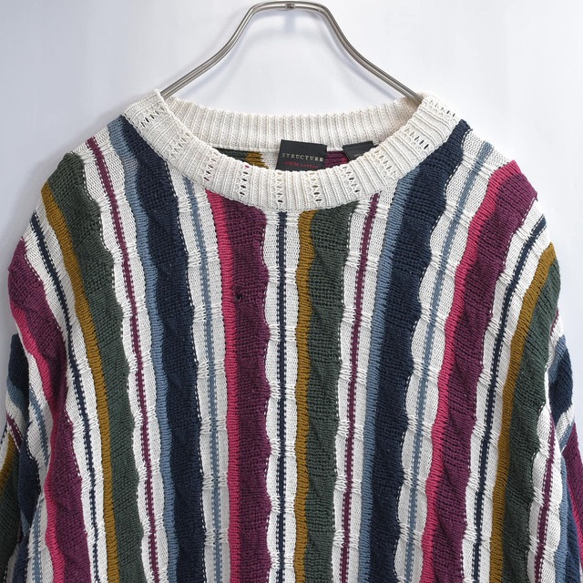 90s STUCTURE 3D ストライプデザイン コットン プルオーバーニット ヴィンテージ セーター マルチカラー 立体編み ビンテージ USA アメリカ古着 メンズXL相当