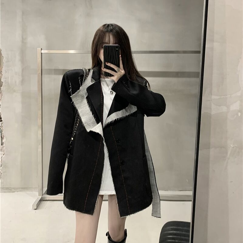 レディーススーツジャケットルーズスタイル2020年秋冬新作ブラックデザインセンスミドル丈カジュアルスモールスーツジャケット ブラックストロベリース93345365195