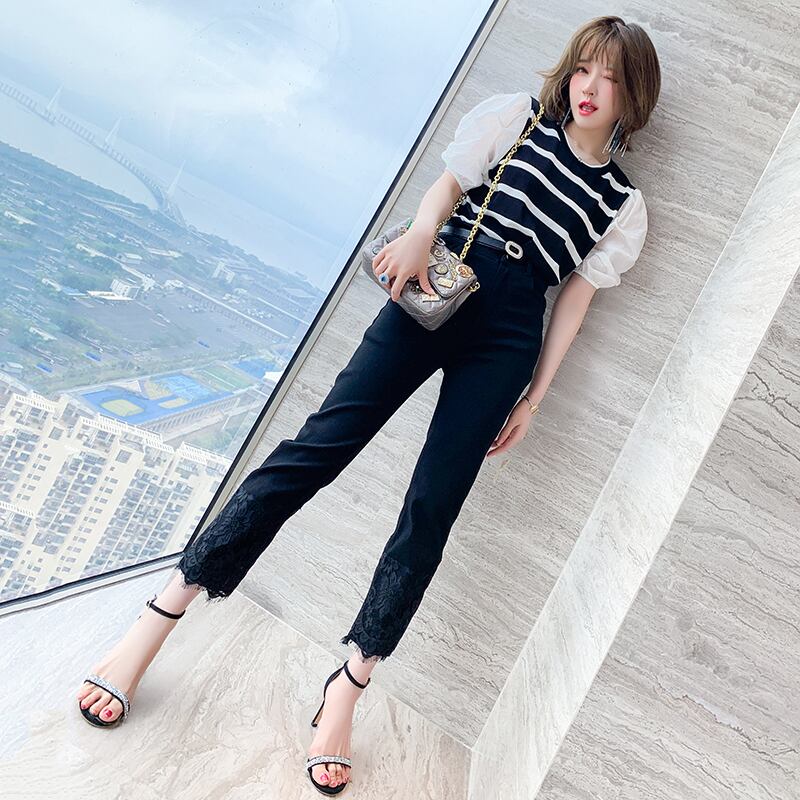 ストライプスリーブトップス レースウェストパンツ セット サマー 夏物 ステッチ MIUCO33310114434