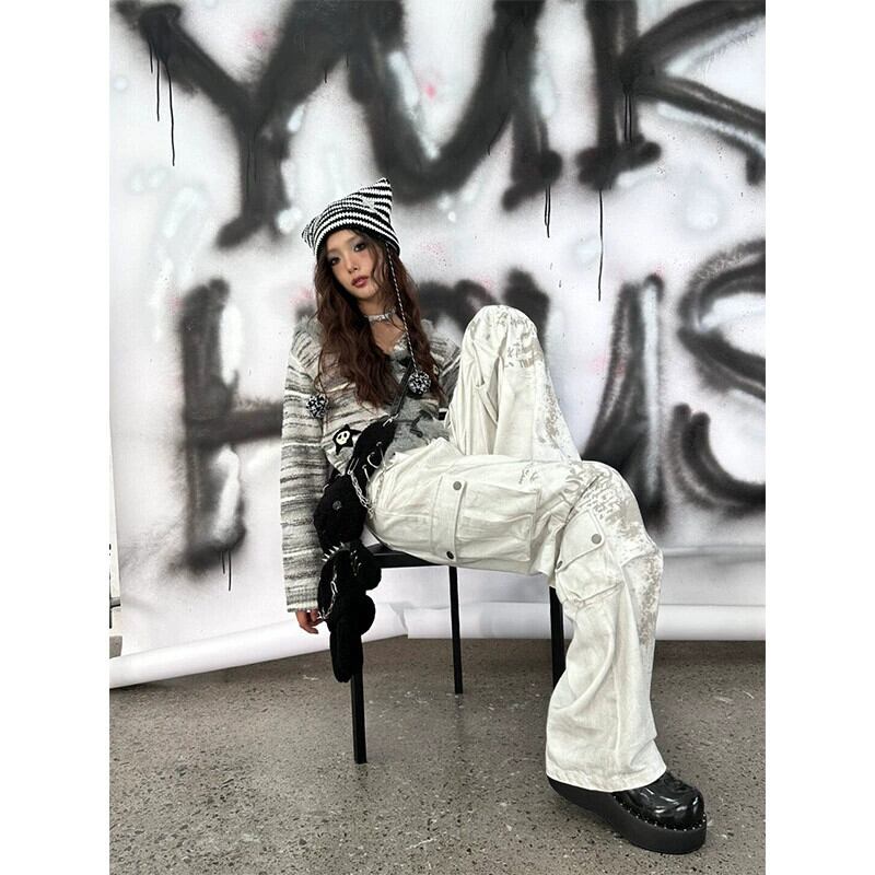 アメリカンレトロ落書きデニムオーバーオール女性ニッチデザイン