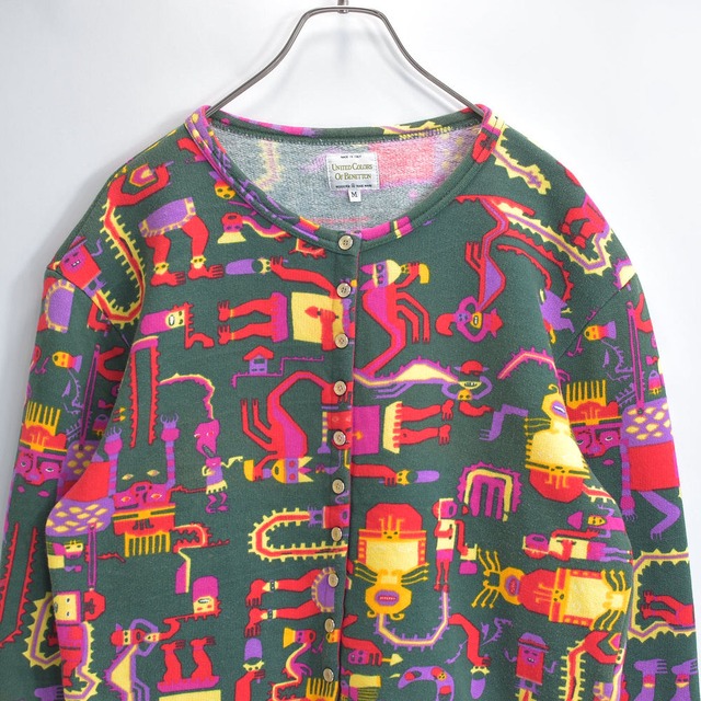 90s イタリア製 UNITED COLORS OF BENETTON ベネトン ネイティブ エスニック キャラクターデザイン スウェット カーディガン ヴィンテージ ビンテージ ヨーロッパ古着 レディースL相当