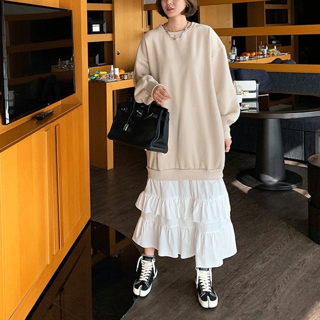 トレーナーXフリルスカート ドッキングドレス〈2カラー サイズF