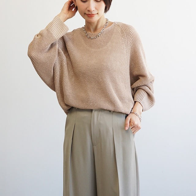 麻100%ボリュームスリーブV片畦ニット　