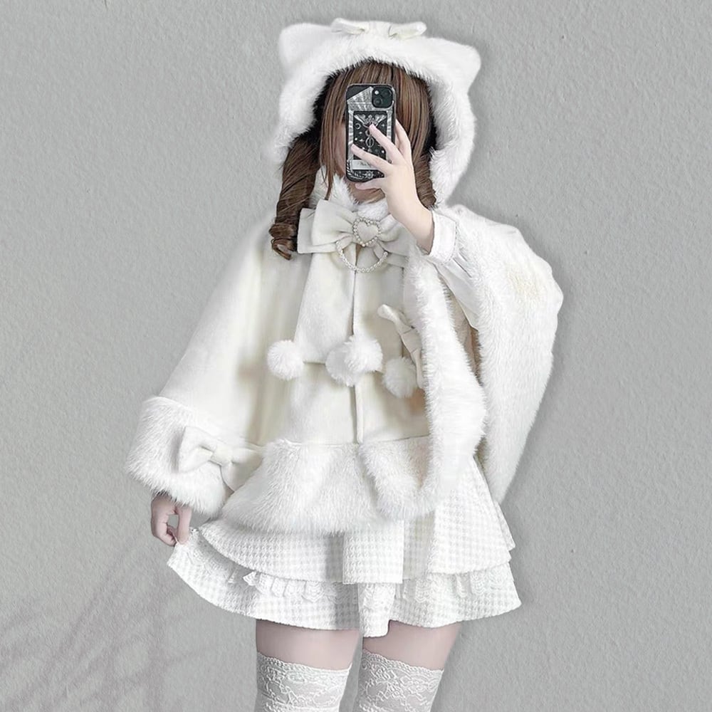 Myurina 地雷系 猫耳ボリュームファーポンチョコート ケープコート