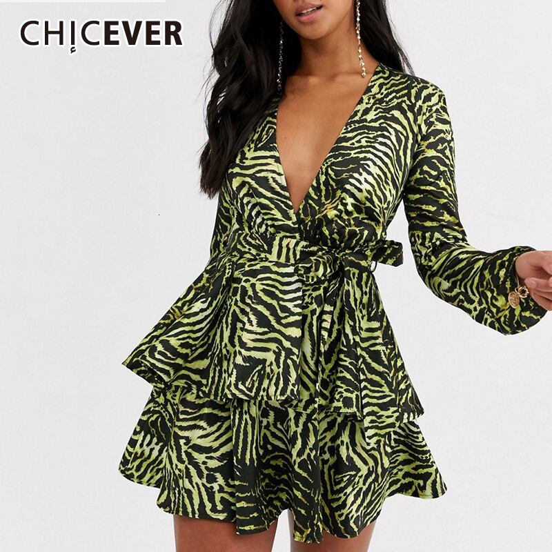 CHICEVERプリントシャーリングレディースドレスVネックランタン長袖ウエストレースアップヒットカラードレス洋服 ロング 6base573129708745