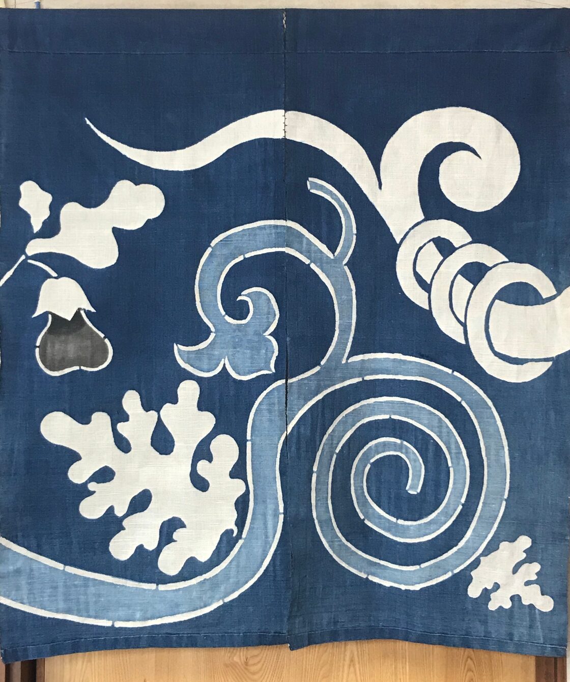 藍染筒描き三巾加賀のれん時代物木綿古布 しんどく ソ-378