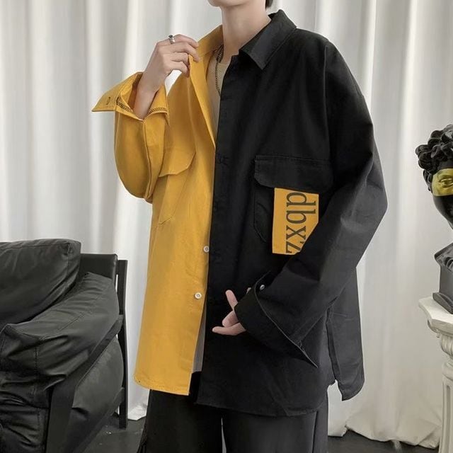 予約販売】シャツ 長袖 バイカラー メンズ オーバーサイズ ブラック