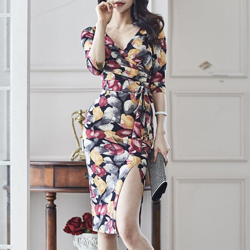 花柄モチーフ・カシュクール七分袖タイトワンピ