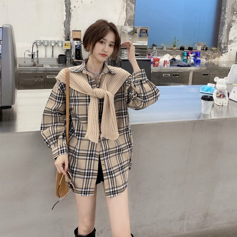 格子柄シャツ ジャケット スタンダードスタイルルーズスプリング ロング レトロ 春物 ブラックストロベリース32929001590