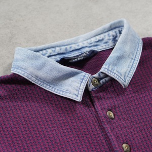 90s LANS'END L/S Denim collar polo Houndstooth L 古着