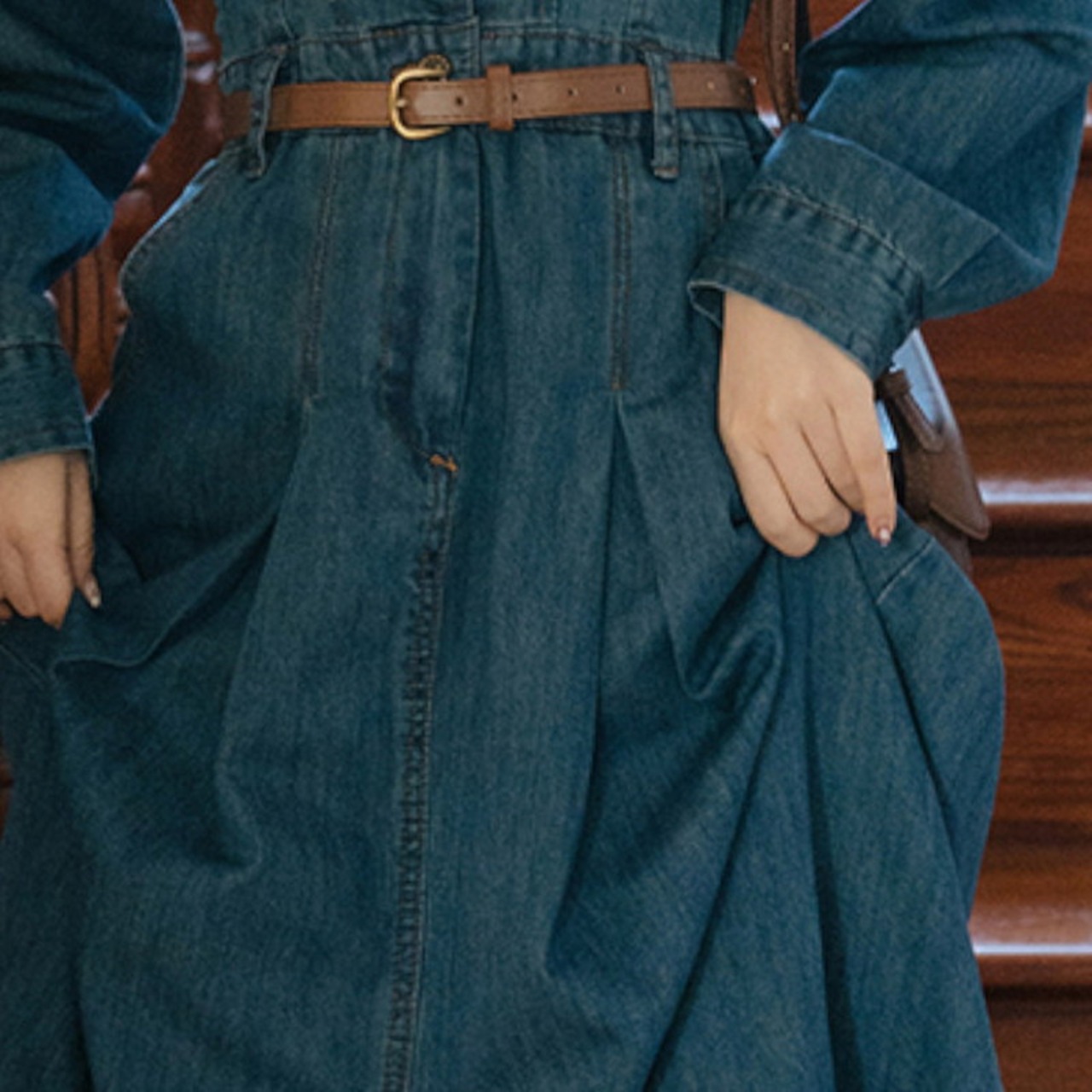 ハイウエストロングデニムワンピース W00726