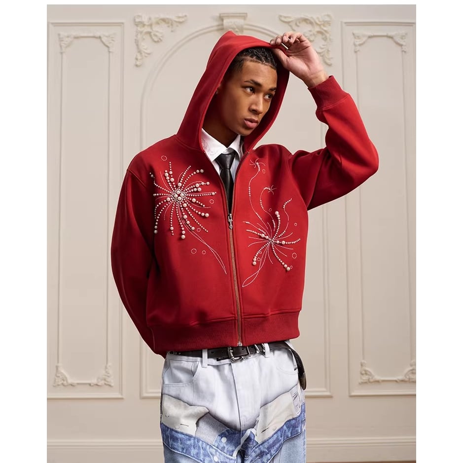 DRIP6834】YAD CREW Fireworks Pearl Embroidered Zip Hoodie | DRIP