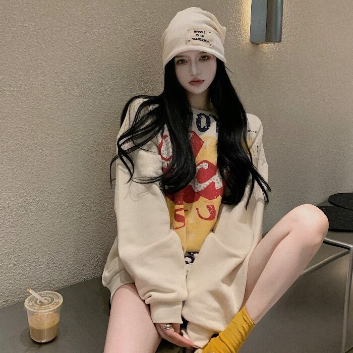 オータムルーズラウンドネックプリントセーター シャツ ロング 秋物 Oネック ドラファッションホール38490752874