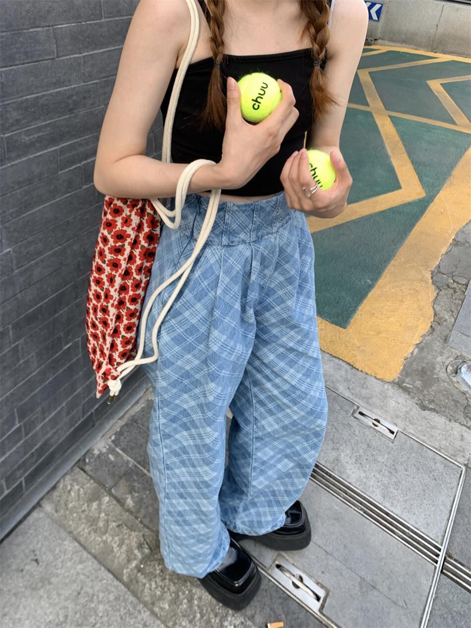 ハイウェスト格子柄ジーンズ スプリングオータムルーズパンツ 春物 秋物 モンロー43330688580