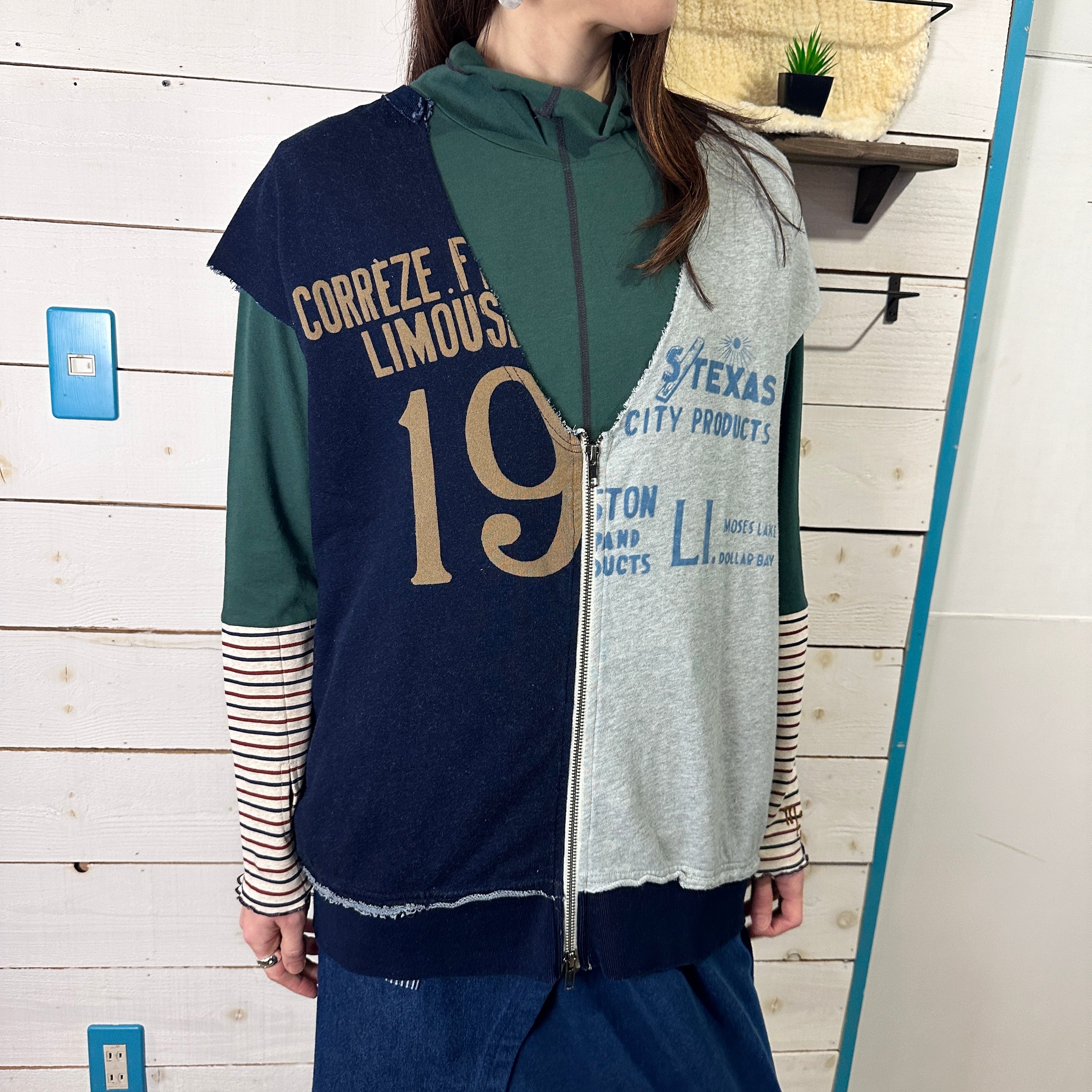 インディゴミニ裏毛ジップスウェットベスト　2477　前後着用可能　フリーサイズ