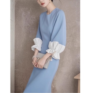 elegant blue long dress with white lace sleeves <d2332>