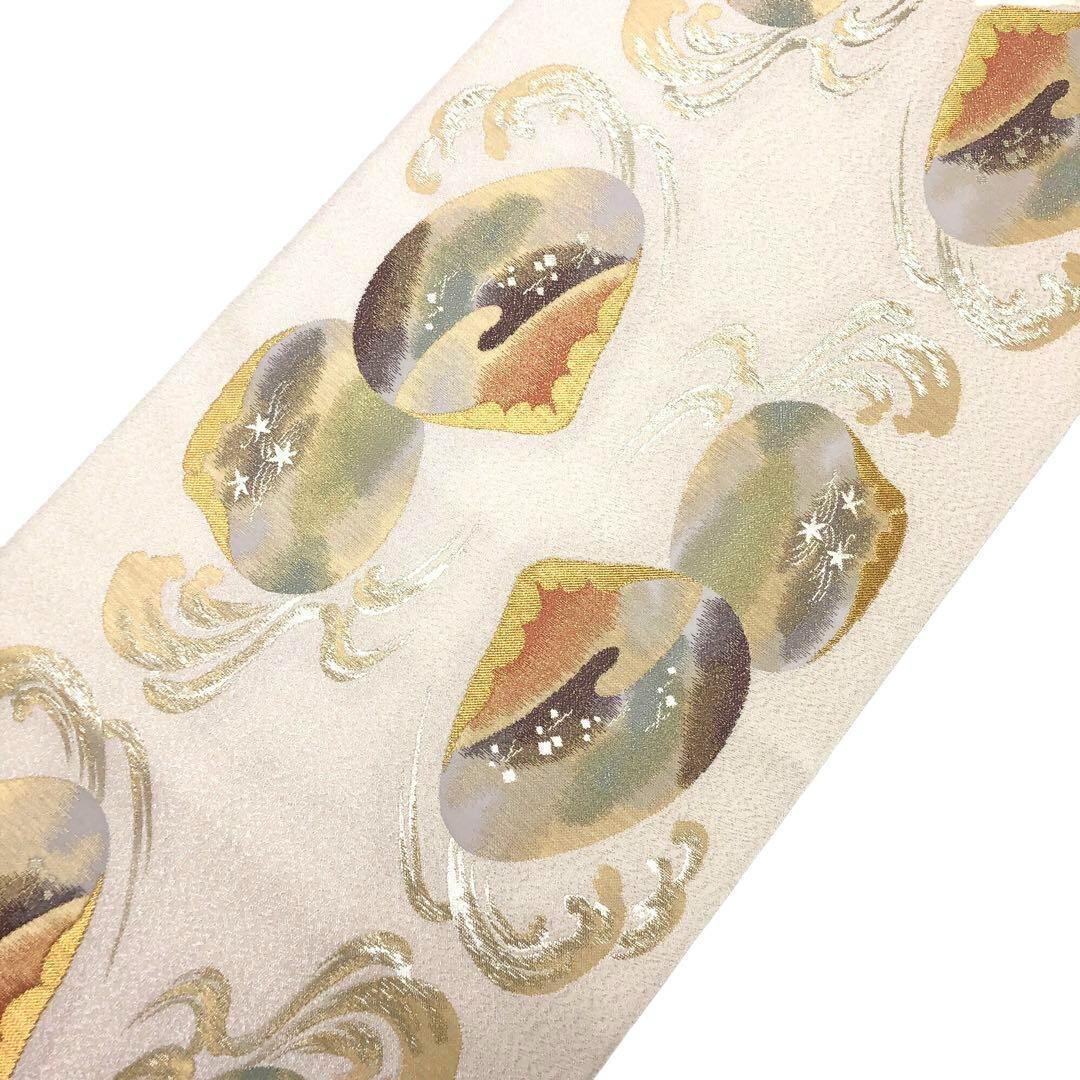 袋帯 貝合わせ 波模様 金糸 薄生成色 O-2924 | リユース着物わびさび 