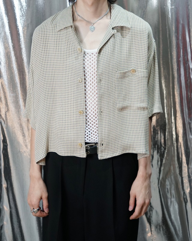 1980's~ Vintage gingham check pattern cropped rayon open collar S/S shirt "made in ITALY"
