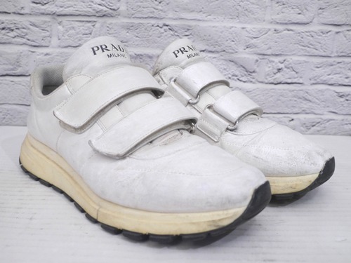 【希少】PRADA プラダ PLATFORM プラットフォーム ビッグシルエット ベルクロデザイン レザー スニーカー 8 白◆ 美脚効果抜群の人気モデル