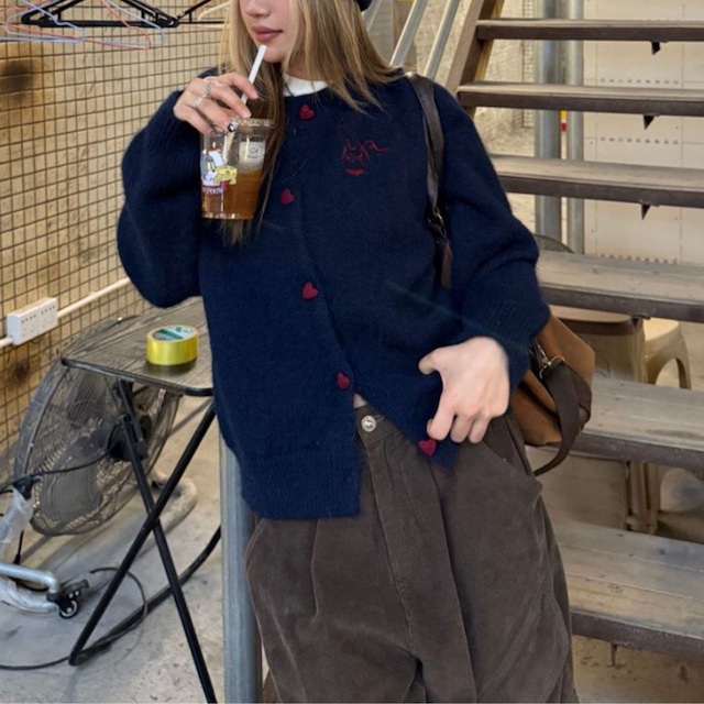 キャットハートボタンカーディガン 2col R00914